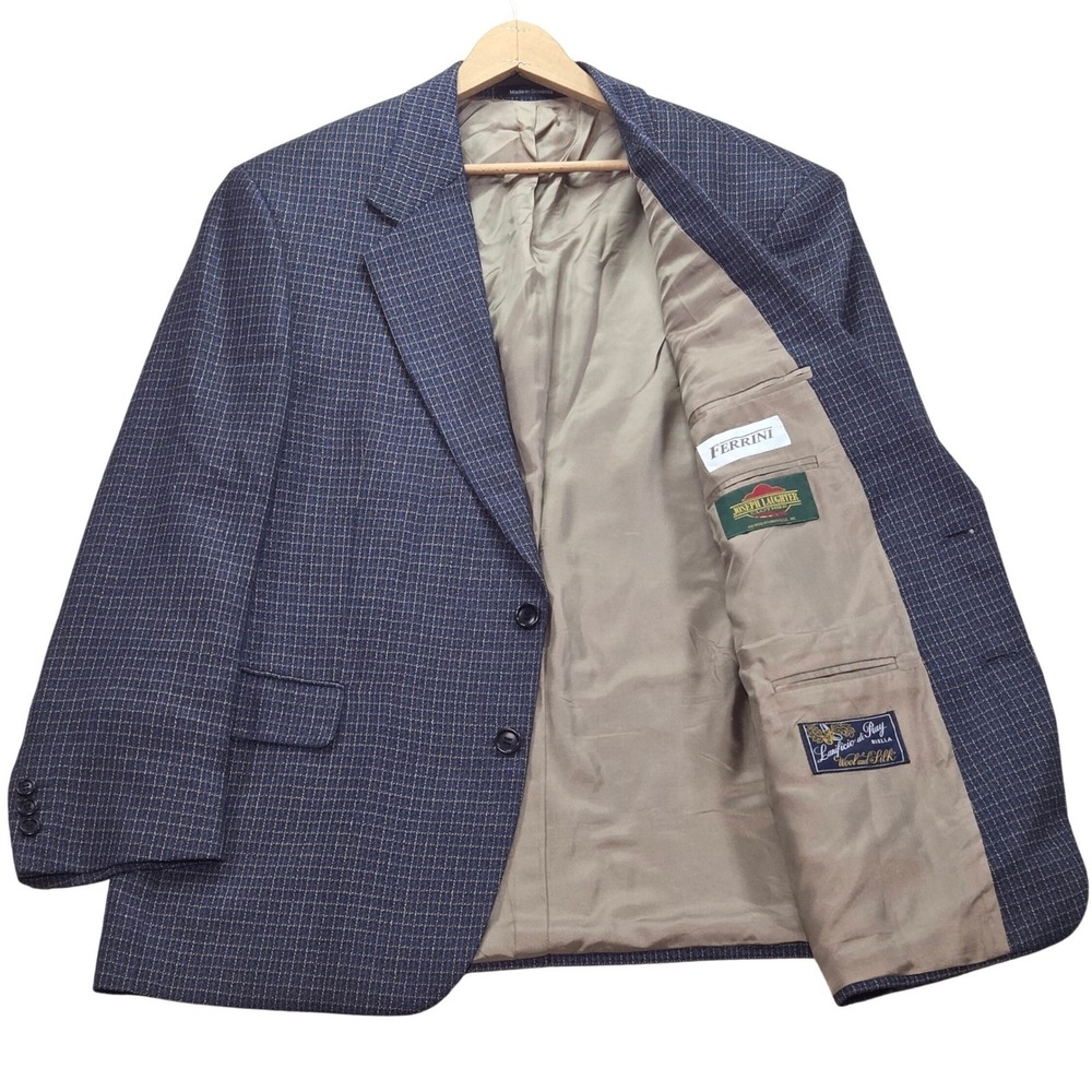 Ferrini Lanificio di Pray Biella Silk Wool Blazer Jacket Blue Plaid Men 42R